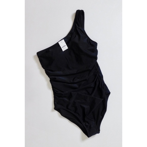 NWT!! J. CREW Factory One Shoulder Ruched Swimsuit One-Piece Solid Black Medium - Picture 3 of 16